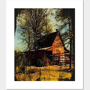 watercolor landscape Autumn western country farmhouse red barn Posters and Art